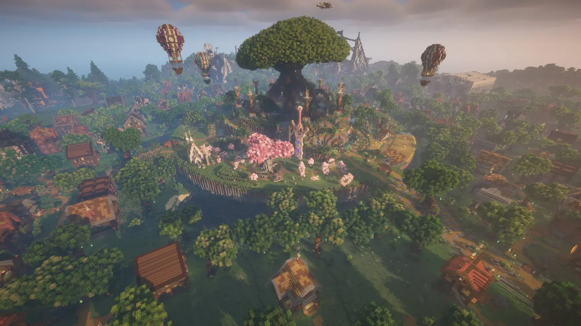 Der Spawn mit dem großen Baum und den Kirschbäumen von oben