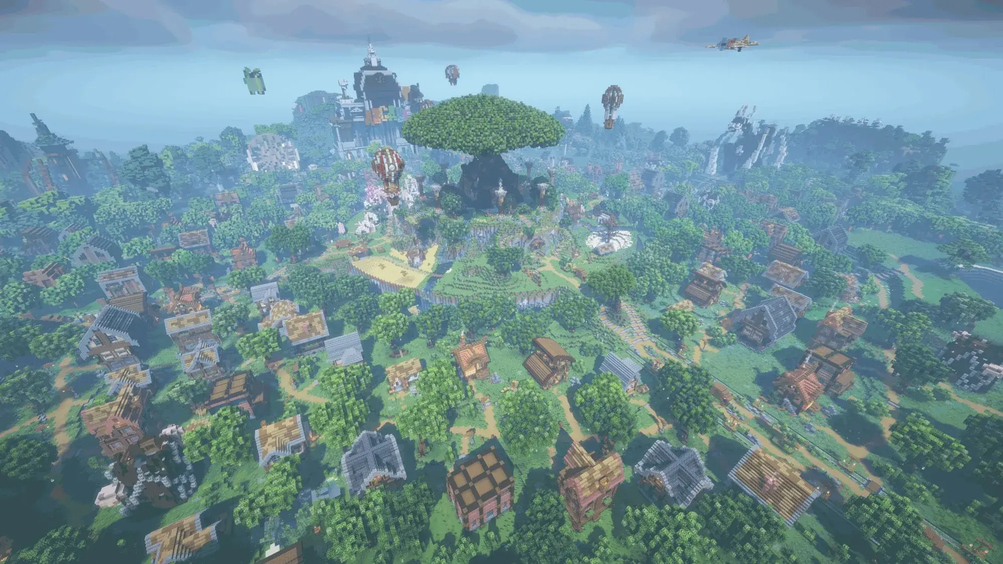 Viele Häuser der Spieler rund um den Spawn aus der Luft